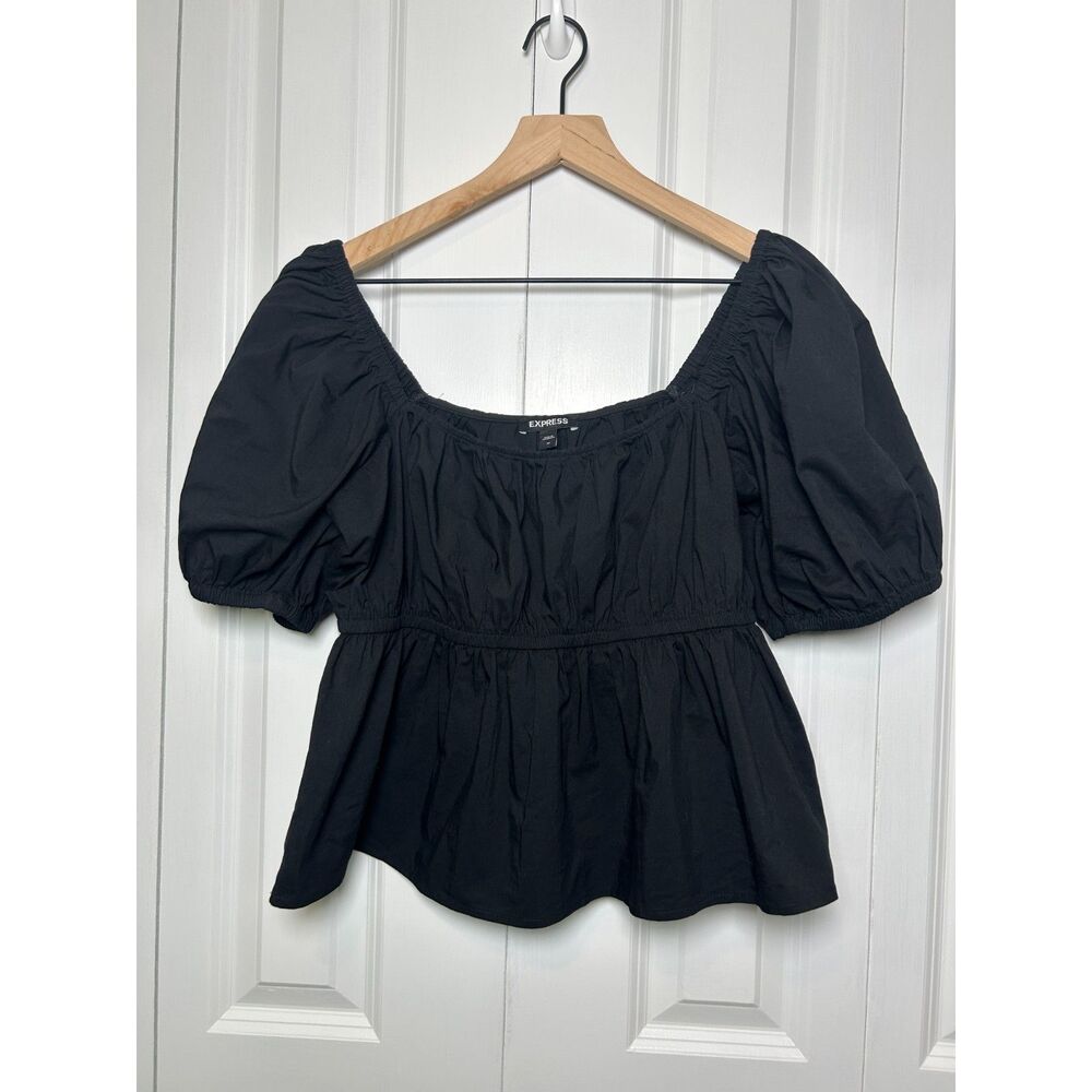 Express Black Puff Sleeve Peplum Top Smocked Square Neck Blouse Medium